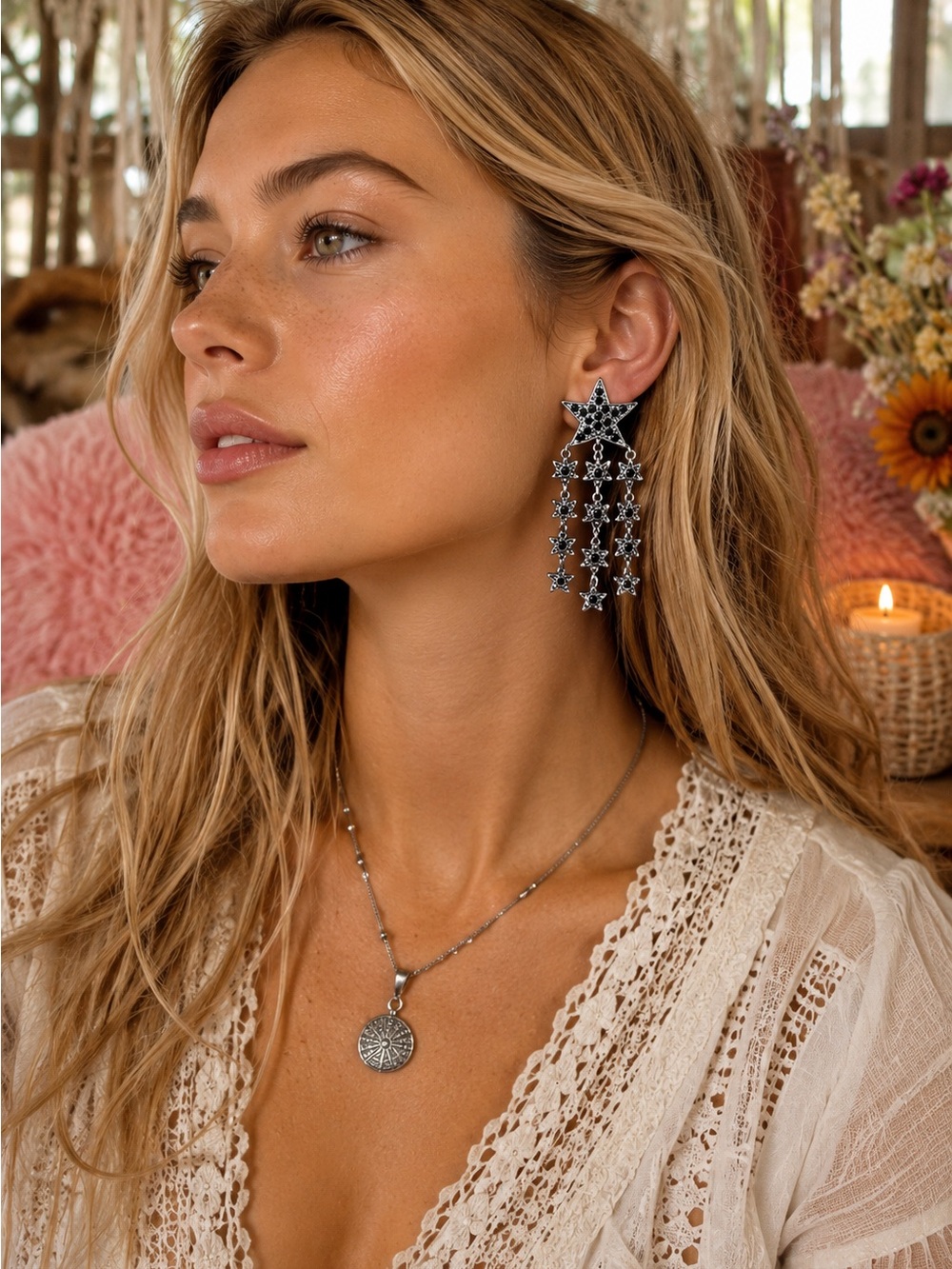 NWT Free People Black Crystal Star Chandelier Earrings MSRP $48